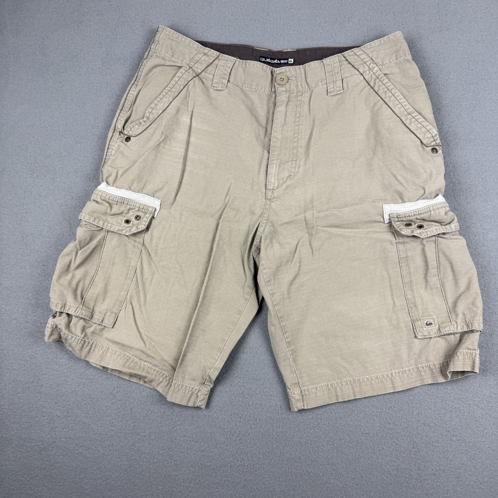 Y2K Quiksilver Cargo Shorts Mens 32 Brown Ripstop‎ Baggy Skate Grunge Surf